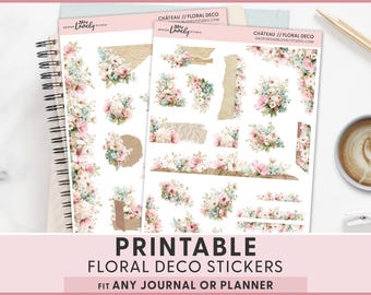 Adesivi floreali romantici a tema castello, adesivi stampabili per agenda, journaling e scrapbooking, stile cottagecore con peonie e rose primaverili JS296