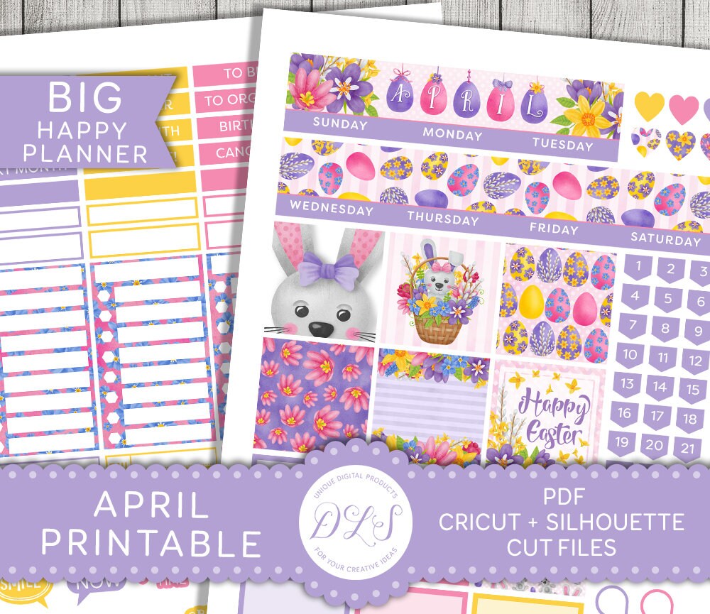 April Big Happy Planner Stickers, Easter Big Happy Planner Stickers, Printable April Monthly Kit, April Monthly Stickers, Cut Files, BM114