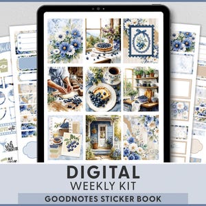 May include: Digital weekly kit for GoodNotes, featuring a watercolor design with blue flowers and blueberries. Includes stickers and templates for planning. The text on the image says "DIGITAL WEEKLY KIT GOODNOTES STICKER BOOK".