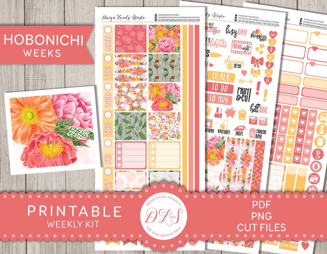 HOBONICHI WEEKS Printable Stickers, Floral Planner Stickers Kit, Weekly ...