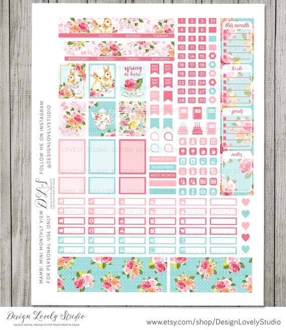 Printable SPRING Monthly Planner Stickers, Mini Happy Planner