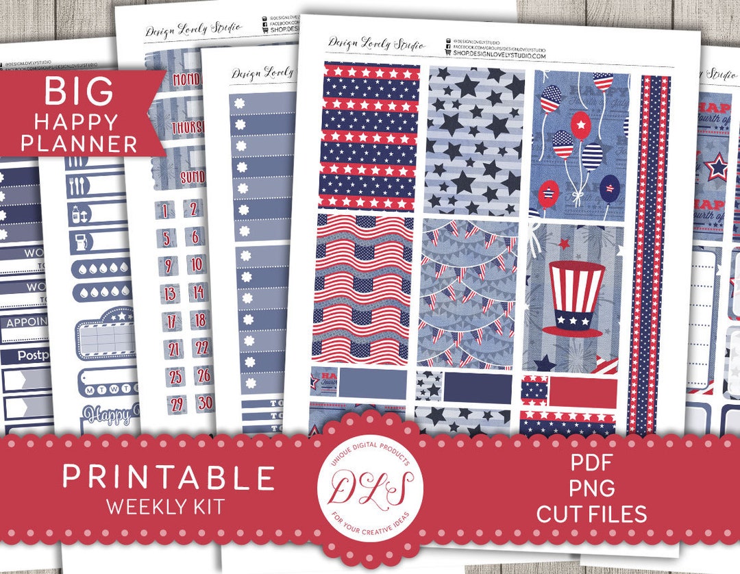 4th of July Planner Stickers, Big Happy Planner PRINTABLE Stickers Kit ...