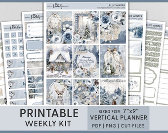 May include: Printable weekly planner kit with a blue winter theme. The kit includes a variety of stickers with images of a snowy cabin, a deer, and a snowman. The stickers are sized for a 7 inch by 9 inch vertical planner. The text "Change, like snowflakes, paints the world in unique patterns" is included on one of the stickers.