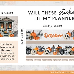 May include: Halloween themed planner stickers with pumpkins, ghosts, and a witch's hat. The stickers are 16.38 cm wide and 4.0 cm tall. The text "October" is featured on the stickers.