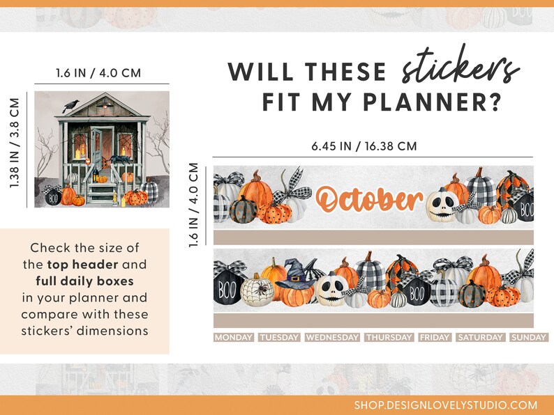 May include: Halloween themed planner stickers with pumpkins, ghosts, and a witch's hat. The stickers are 16.38 cm wide and 4.0 cm tall. The text "October" is featured on the stickers.