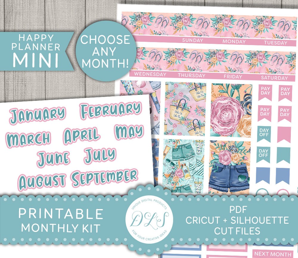Mini Happy Planner Printable Monthly Stickers, Beach Planner Stickers ...