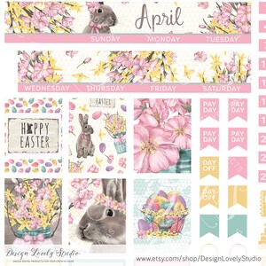 May include: A printable planner page for the month of April with a floral theme. The page includes a calendar grid, a bunny rabbit illustration, and Easter-themed graphics. The text "Happy Easter" is included on the page.