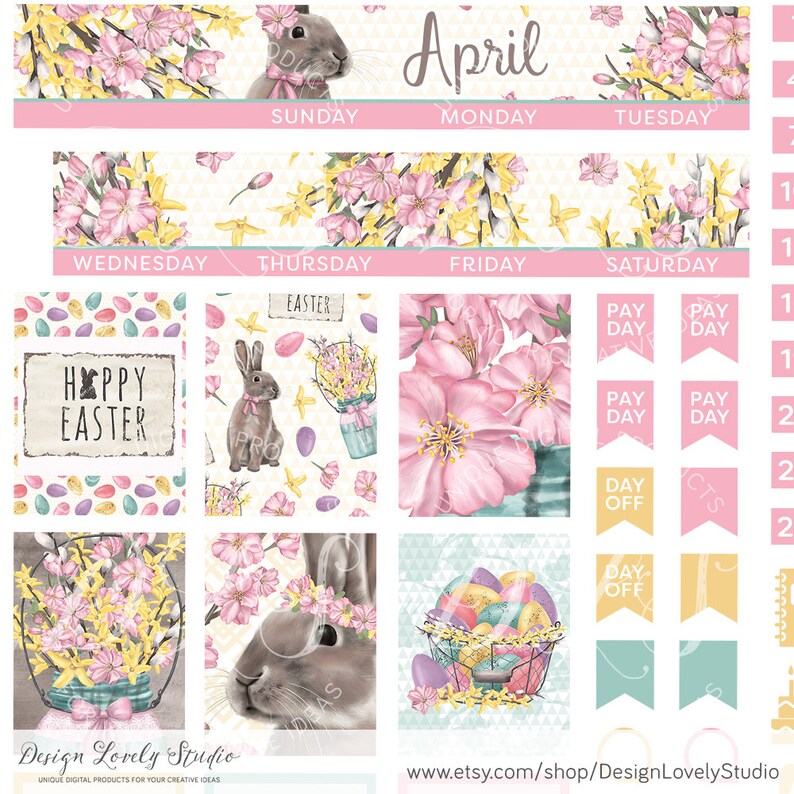 May include: A printable planner page for the month of April with a floral theme. The page includes a calendar grid, a bunny rabbit illustration, and Easter-themed graphics. The text "Happy Easter" is included on the page.