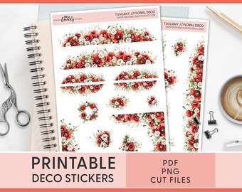 Poppy Floral Stickers – Printable Tuscany-Inspired Bouquets and Borders for Planners, Journaling, Scrapbooking & Cottagecore Decor, JS230