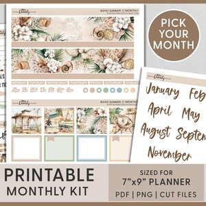 Boho Summer Monthly Kit – Printable Planner Stickers for Erin Condren, Beach & Seashell Theme for June, July, August, Coastal Vibes, MV274