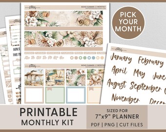 Boho Sommer Monatliches Kit - Druckbare Planer Aufkleber für Erin Condren, Strand & Muschel-Thema für Juni, Juli, August, Coastal Vibes, RV274