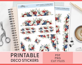 Printable Red White Blue Flowers for Planners & Journaling, Patriotic Floral Stickers , 4th of July Aesthetic, Summer USA Theme, JS239