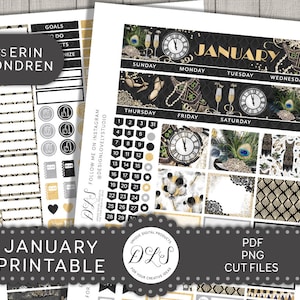 Printable January Monthly Planner Stickers, Black Gold January Monthly Kit, Art Deco Planner Stickers, ECLP January Monthly Kit, MV155