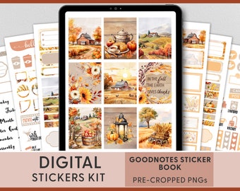 May include: Digital sticker book for Goodnotes app with fall themed illustrations. The stickers feature a farmhouse, pumpkins, sunflowers, and a quote about fall. The stickers are pre-cropped PNGs.