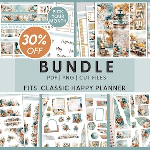 May include: A planner sticker bundle with floral and watercolor designs. The bundle includes various stickers, washi tape, and planner inserts. Text includes "Pick Your Month", "30% Off", and "Fits Classic Happy Planner".