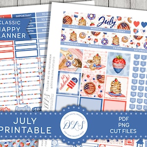 Kit d’autocollants mensuels de JUILLET imprimables, autocollants Happy Planner de juillet, kit d’autocollants de planificateur du 4 juillet, autocollants patriotiques, HPMV178