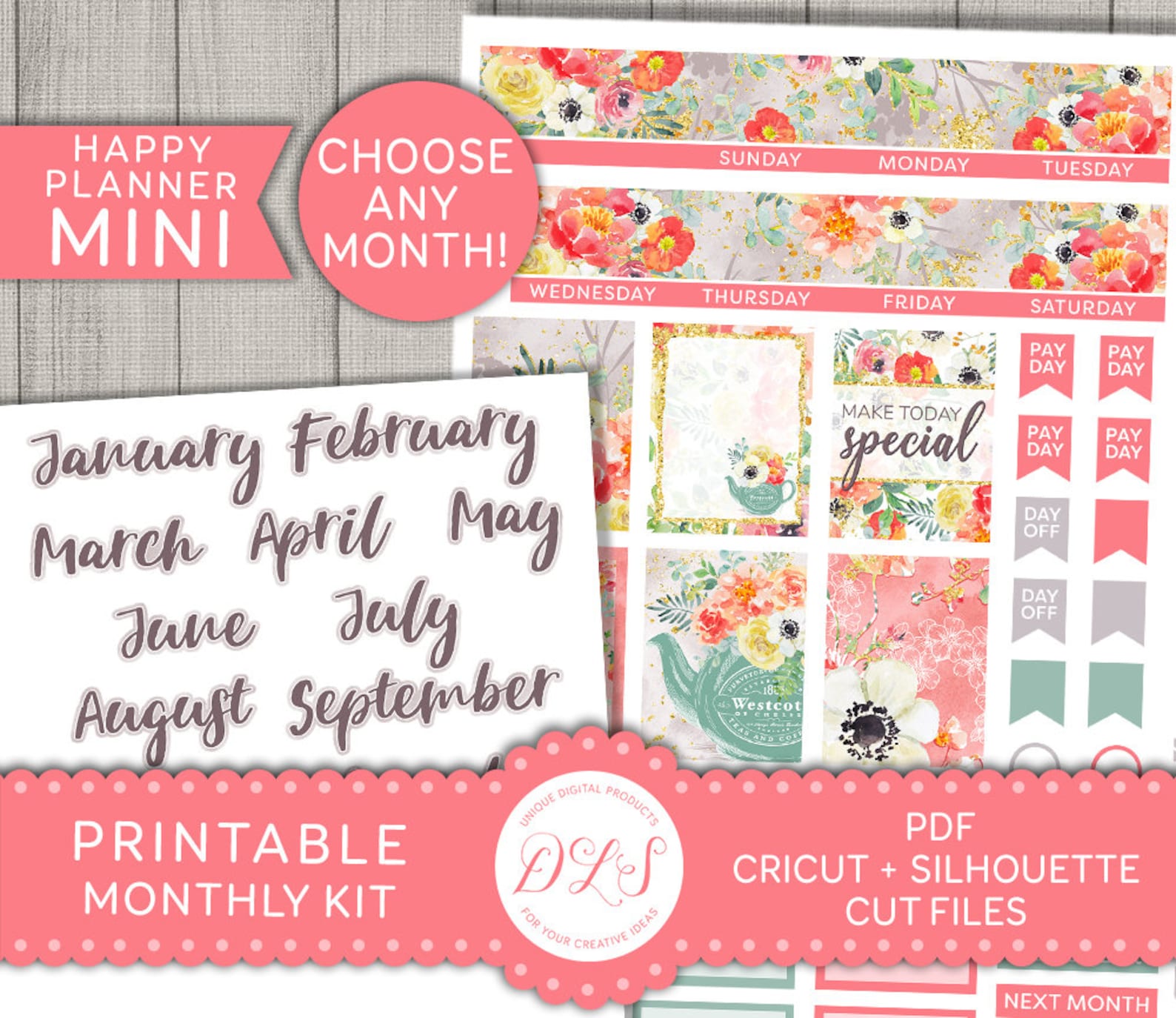 PRINTABLE Mini Happy Planner Stickers, Floral Planner Stickers, Monthly ...