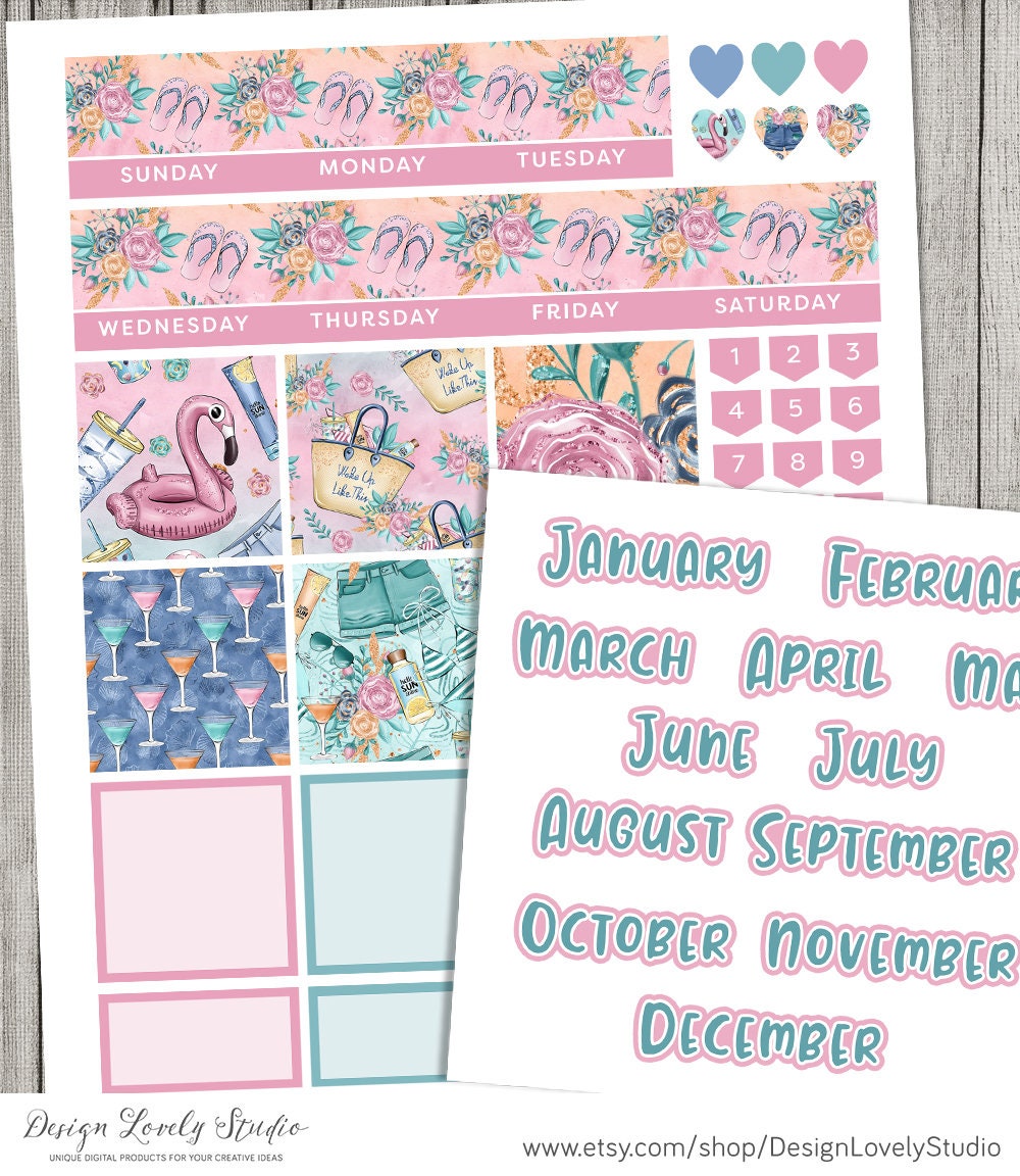 Big Happy Planner PRINTABLE Monthly Stickers, Summer Monthly Kit, Beach ...