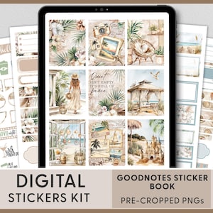Stickers bohèmes de l'agenda numérique d'été - Kit hebdomadaire Goodnotes et iPad pré-recadré, ambiance de plage côtière avec thème océan et château de sable, DG182