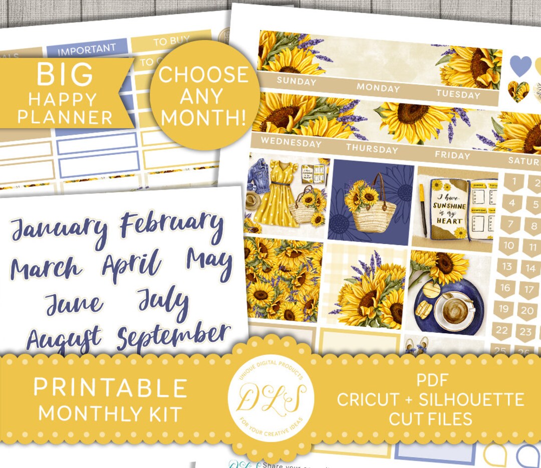 SUNFLOWERS Printable Planner Stickers, Big Happy Planner Stickers ...