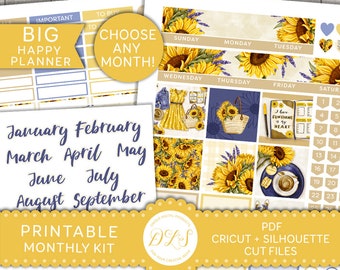 SUNFLOWERS Printable Planner Stickers, Big Happy Planner Stickers, Monthly Planner Stickers Kit, Floral Planner Stickers, Cut Files, BM182