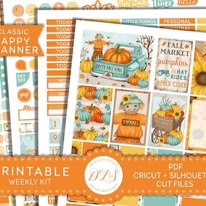 May include: Printable planner stickers with a fall theme. The stickers feature pumpkins, scarecrows, sunflowers, and a truck with the text "Happy Fall Y'all". The stickers are designed for use with a planner or journal.