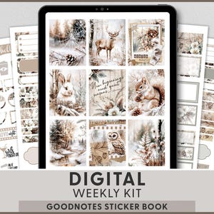 Op de afbeelding: Digitale wekelijkse kit voor GoodNotes, met een winterthema met illustraties van een hert, konijn, eekhoorn en uil. De kit bevat verschillende stickers met tekst als "Maandag", "Vrijdag" en "Notitie Doel".