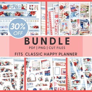 Pacchetto di adesivi per planner del 4 luglio - Kit settimanali, mensili, per journaling, carta strappata e floreali per planner felici, stile patriottico americano, BH143