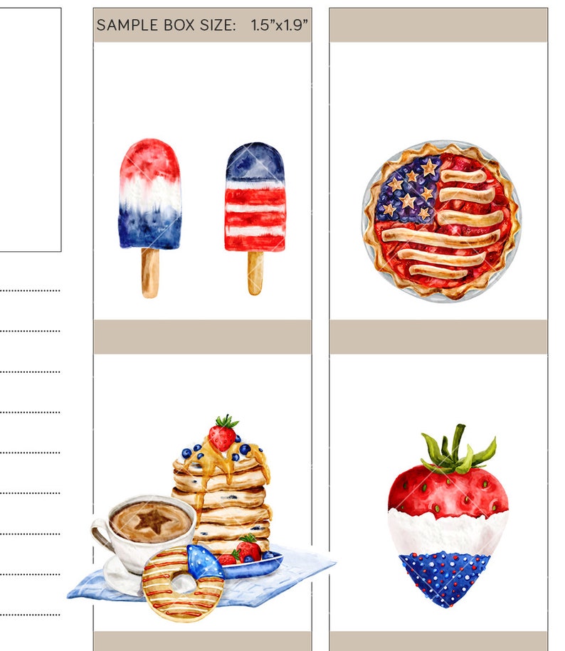 Op de afbeelding: Vier aquarel illustraties van Amerikaans eten en desserts. De eerste afbeelding toont twee rood-wit-blauwe ijslolly's. De tweede afbeelding toont een rood-wit-blauwe taart met een korst. De derde afbeelding toont een stapel pannenkoeken met bosbessen en aardbeien, een kop koffie en een donut met rood-wit-blauwe glazuur. De vierde afbeelding toont een aardbei met rood-wit-blauwe glazuur.