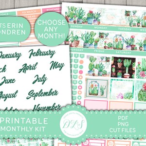 Pegatinas del planificador mensual de CACTUS IMPRIMIBLES, para Erin Condren Life Planner, kit de pegatinas mensuales ECLP, pegatinas de Plant Lady, archivos cortados, ECE134