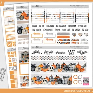 May include: Halloween themed planner stickers featuring pumpkins, witches' hats, and a spooky house. The stickers include phrases such as "Boo", "Party", "Family Time", "Vacation", "Lazy Day", and "Self Care Day".