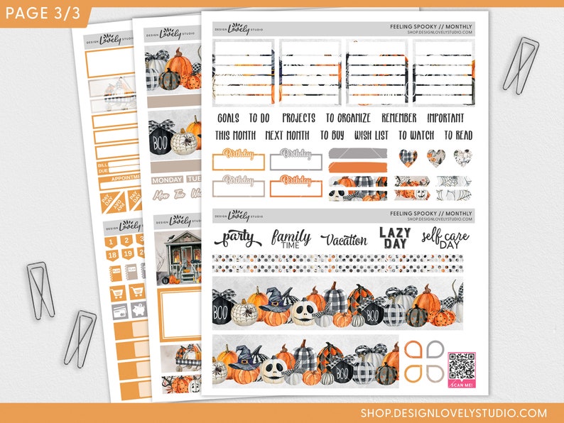 May include: Halloween themed planner stickers featuring pumpkins, witches' hats, and a spooky house. The stickers include phrases such as "Boo", "Party", "Family Time", "Vacation", "Lazy Day", and "Self Care Day".