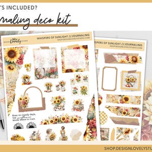 May include: A journaling deco kit featuring sunflower-themed stickers and decorative elements. The kit includes various sticker sheets with floral designs, frames, and text. A silver pen is placed on the left side of the image. The text "WHISPERS OF SUNLIGHT // JOURNALING" is visible.