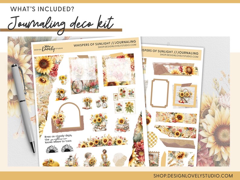 May include: A journaling deco kit featuring sunflower-themed stickers and decorative elements. The kit includes various sticker sheets with floral designs, frames, and text. A silver pen is placed on the left side of the image. The text "WHISPERS OF SUNLIGHT // JOURNALING" is visible.