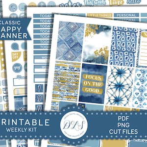 Happy Planner Printable Sticker Kit, Weekly Planner Stickers, Printable Planner Stickers, Blue Watercolor Planner Stickers, HP197