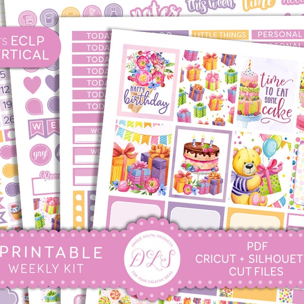 Printable Birthday Planner Stickers, Birthday Planner Kit, Erin Condren Printable Weekly Kit, Vertical Planner Stickers, Cut Files, VS149