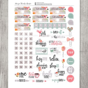 May include: A set of colorful planner stickers with floral designs and various phrases, including "Monday", "Tuesday", "Wednesday", "Weekend", "Girls Night Out", "Day Off", "Shopping Days", "Let's Celebrate", "Movie Night", "Lazy Day", "Relax", "Planning Session", "Sleep In", "Family Time", "Pay Day", "Happy Mail", "Do-Ne", "Me Time", "Tea Please", "Today", "Love", "TGIF", "Yay!" and "Notes".
