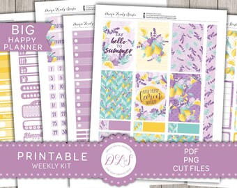 PRINTABLE Gran kit de pegatinas de planificador feliz, planificador semanal imprimible, pegatinas planificador de verano, pegatinas de planificador de limón, archivos de corte, BW131
