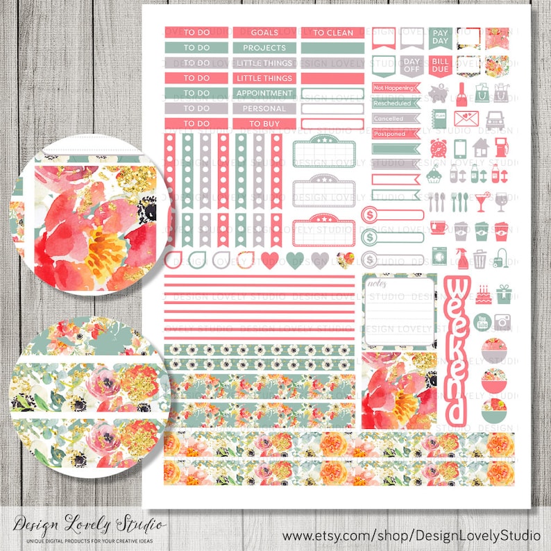 May include: A set of printable planner stickers featuring floral designs in shades of pink, green, and yellow. The stickers include various shapes, sizes, and text, such as "To Do", "Goals", "To Clean", "Weekend", and "Notes".