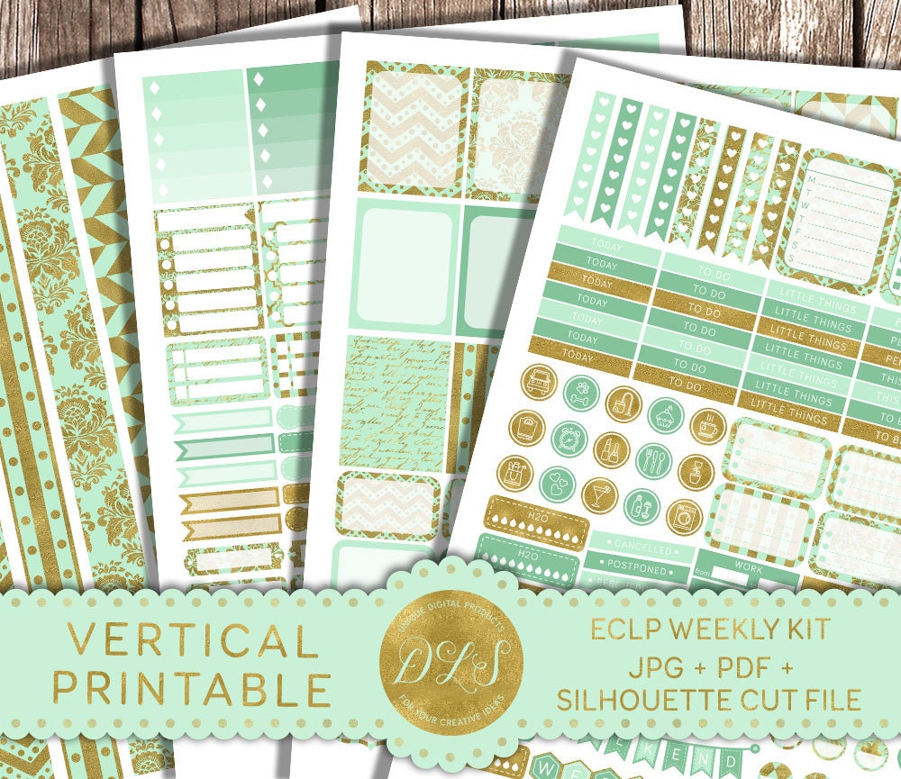 VERTICAL Planner Stickers for Erin Condren Planner Mint Gold Weekly ...