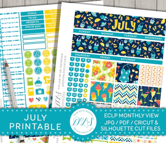 July Monthly Stickers for Erin Condren, Monthly Printable Kit, ECLP July Monthly View, July Monthly Kit, Life Planner Monthly Kit, MV130
