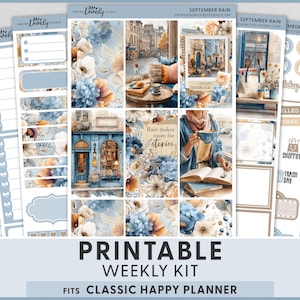 May include: A set of planner stickers featuring a September Rain theme with blue and beige floral patterns, city street scenes, and text including "quiet moments" and "Rain makes room for stories." The kit includes various functional labels and icons.