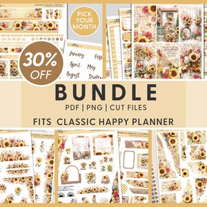 Könnte beinhalten: Eine Sammlung von Planer-Stickern und Zubehör mit Sonnenblumen-Motiv. Das Bundle enthält verschiedene Designs, wie Blumenränder, dekorative Elemente und Kalender-Sticker. Der Text enthält "BUNDLE", "PDF | PNG | CUT FILES" und "FITS CLASSIC HAPPY PLANNER". Ein runder Aufkleber zeigt "30% OFF".