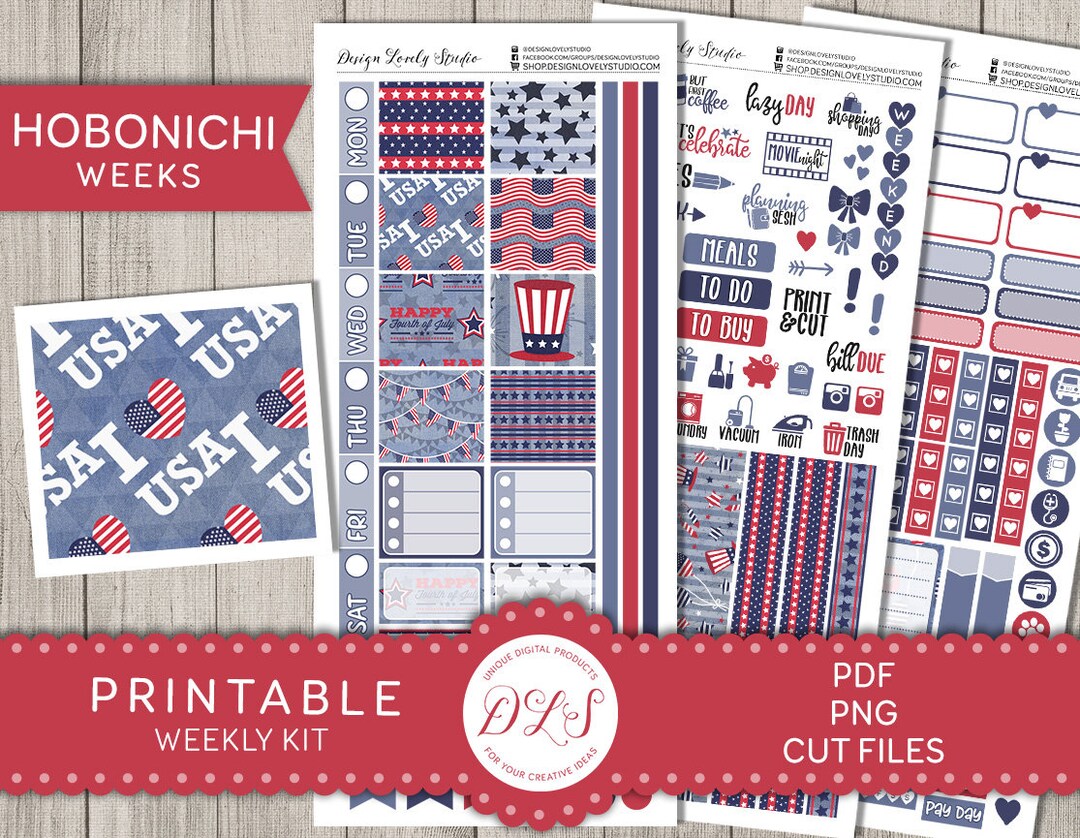 PRINTABLE 4th of July Planner Stickers Kit, Printable HOBONICHI Weeks ...