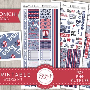 PRINTABLE 4th of July Planner Stickers Kit, Printable HOBONICHI Weeks Stickers Kit, Fourth Of July Hobonichi Weeks Kit, HO117