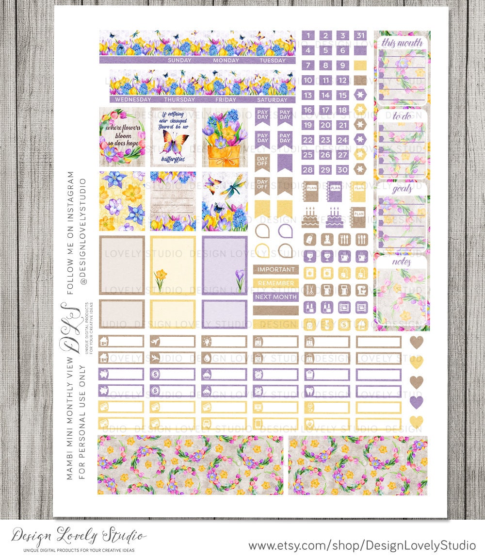 Printable FLORAL Monthly Planner Stickers, Mini Happy Planner Monthly ...