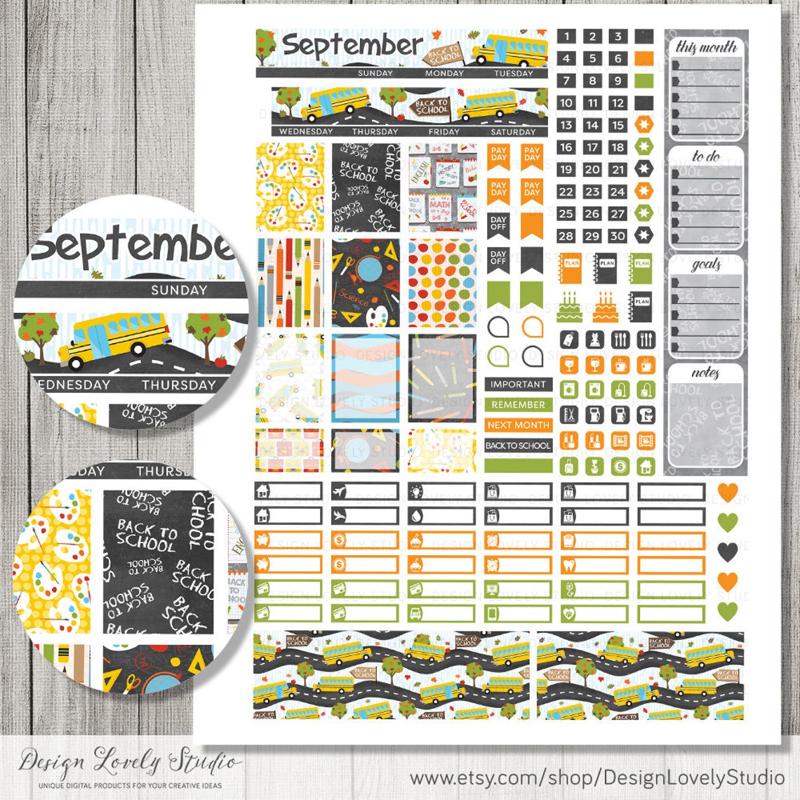 September Monthly Stickers Kit, Back to School September Stickers, Back ...