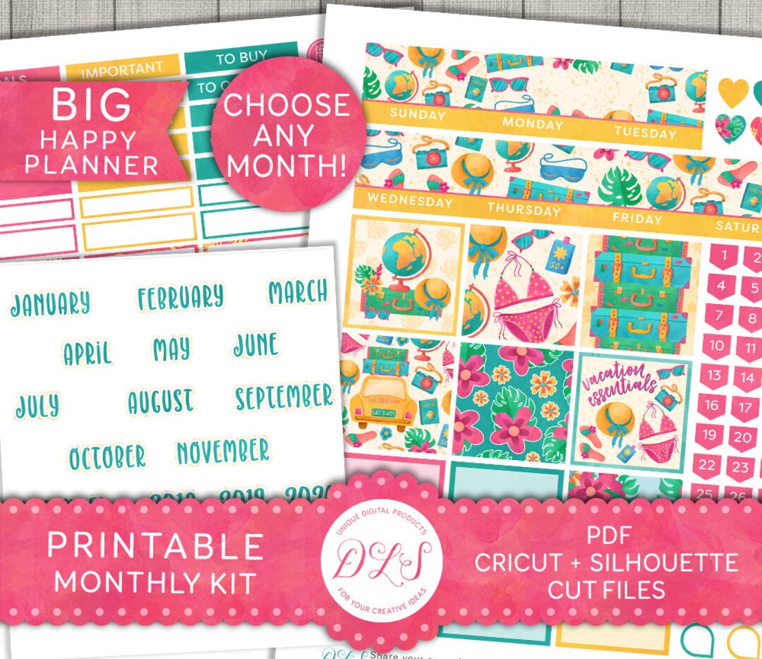 Printable Big Happy Planner Monthly Stickers Kit, Monthly View Stickers ...