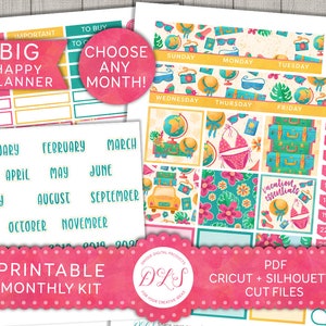 Printable Big Happy Planner Monthly Stickers Kit, Monthly View Stickers, Choose Any Month Kit, Summer Vacation Stickers, Cut Files, BM127