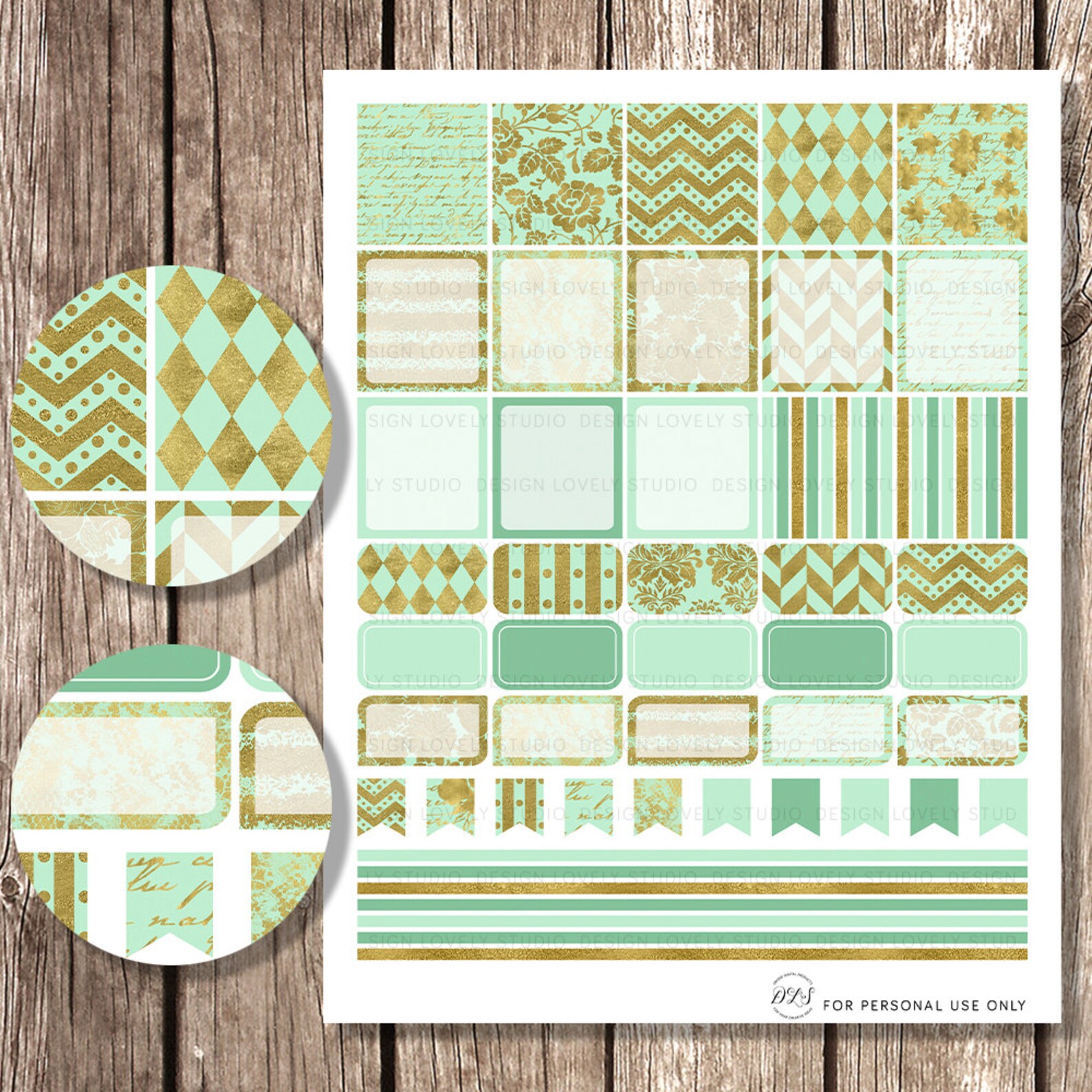 Printable HORIZONTAL Planner Stickers Mint Gold Fits EC Life | Etsy